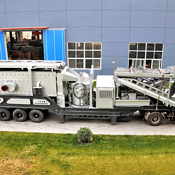 Wheeled portable crushing station producing granite aggregate at a quarry site